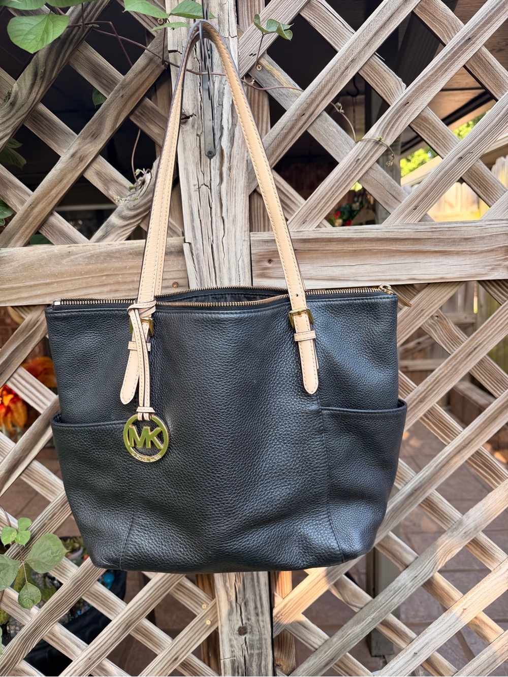 Michael Kors Black Leather Tote with Light Beige Straps - Picture 2 of 7
